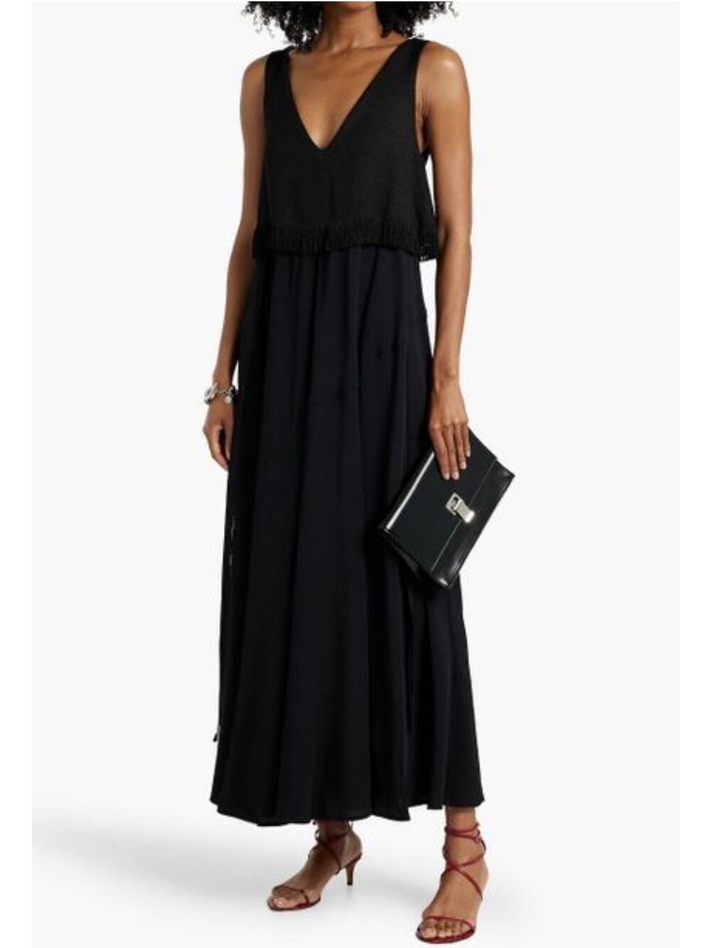 NWT Proenza Schouler Black Lynda Fringed Bouclé-Paneled Crepe Maxi Dress Size 8